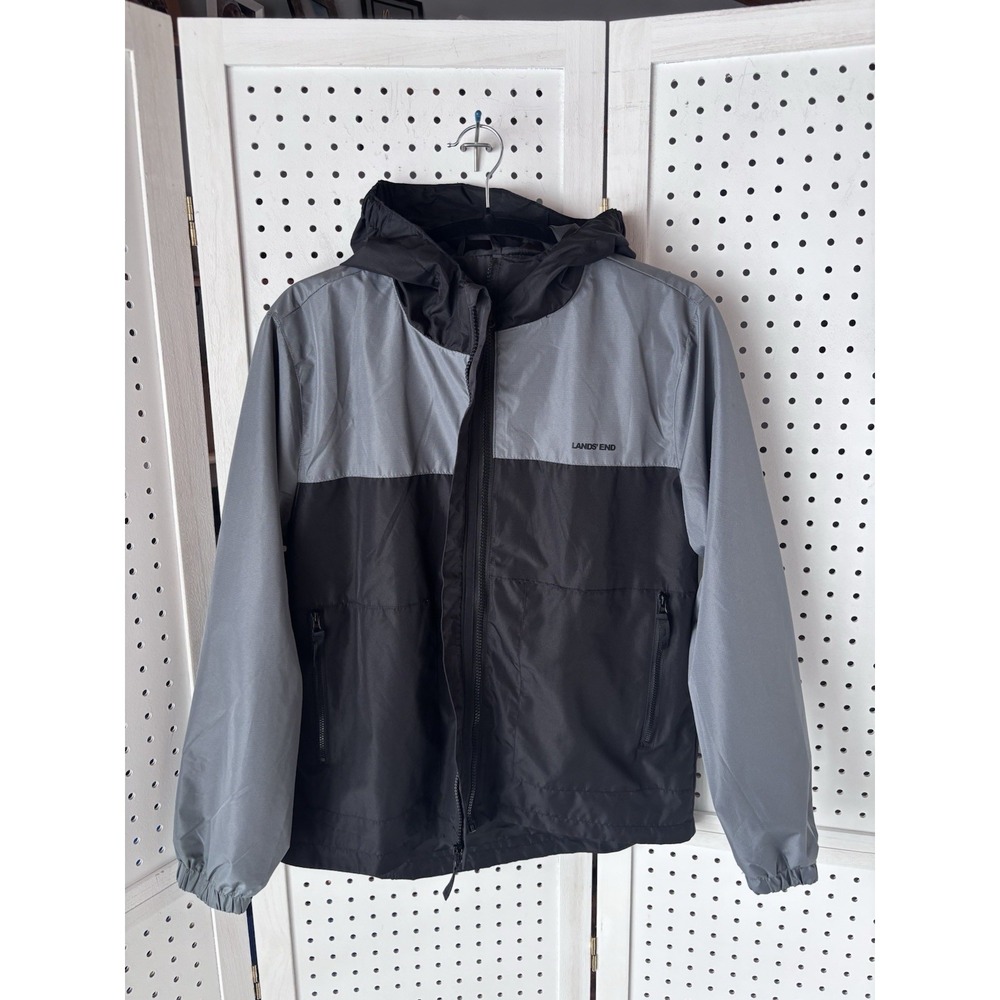 Lands End Windbreaker Jacket Boys Youth L 14 Black Gray Hooded Hiking Outdoor